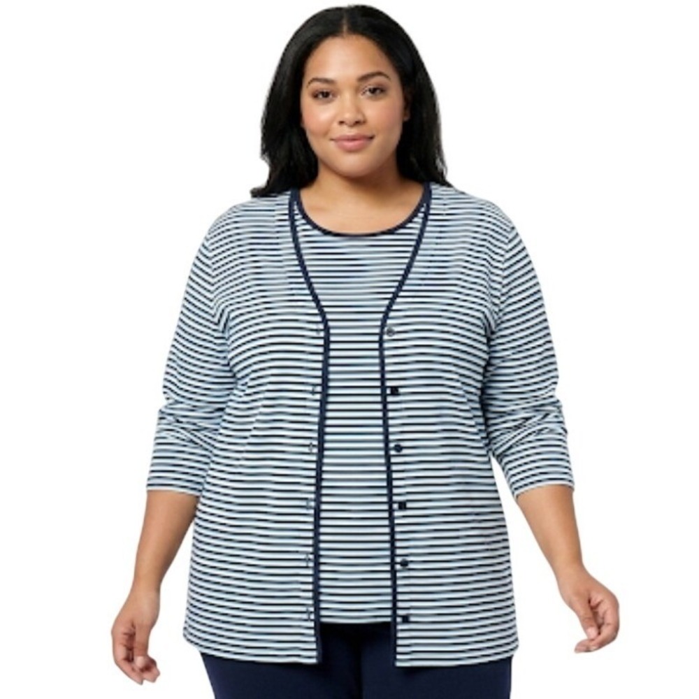Cabin Creek 3X Blue White Striped Button Front Cardigan Blouse Plus Size Casual